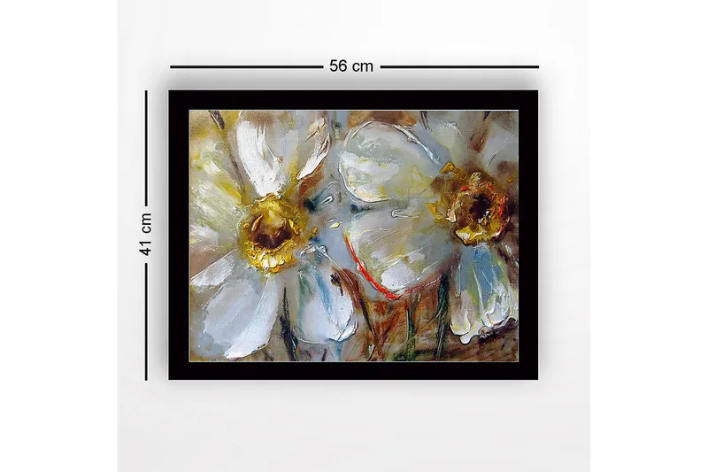 Kehystetty puutaulu canvasille - 41x56 cm - Valkoisia kukkia kultaisilla keskiosilla - Valkoinen / Kulta / Vihreä - Sisustustuotteet - Taulu & taide