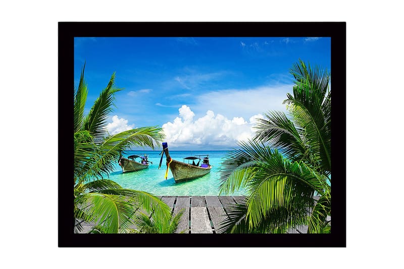 Kehystetty puutaulu canvasille - 41x56 cm - Trooppinen ranta veneillä ja palmuilla, Turkoosi / Vihreä / Sininen
