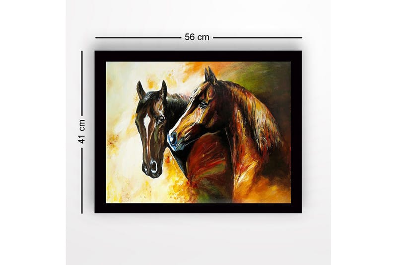 Kehystetty puinen canvas-taulu - 41x56 cm - Kaksi majesteettista hevosta seisoo lähellä toisiaan - Ruskea / Musta / Oranssi - Sisustustuotteet - Taulu & taide