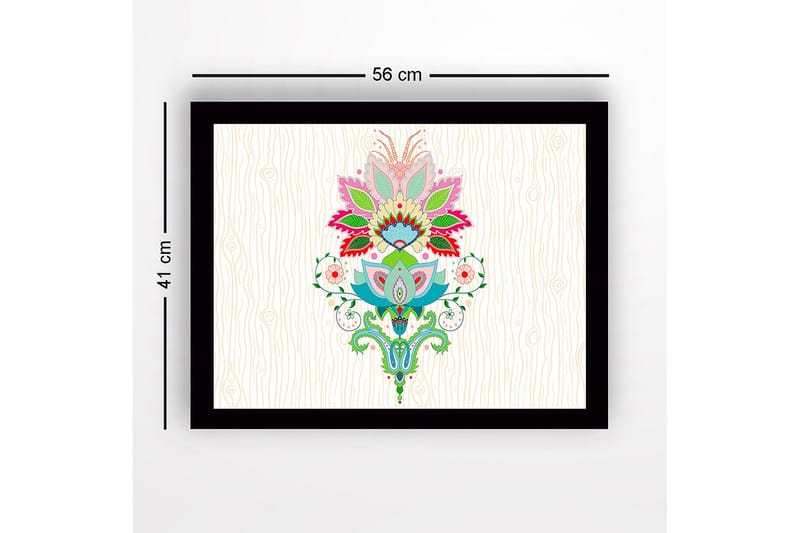 Kehystetty puutaulu canvasille - 41x56 cm - Värikäs kukka-asetelma yksityiskohtaisilla lehdillä ja kuvioilla - Vaaleanpunainen / Vihreä / Sininen - Sisustustuotteet - Taulu & taide