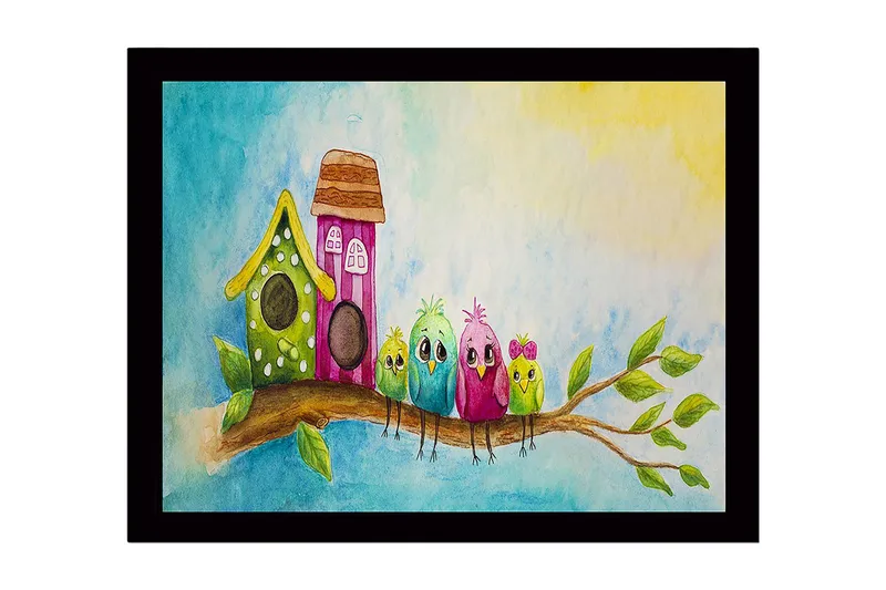 Kehystetty puutaulu canvasille - 41x56 cm - Värikkäitä lintuja oksalla ja linnunpönttöjä taustalla, Vihreä / Vaaleanpunainen / Sininen