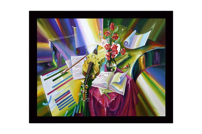 Kehystetty puukangas - 41x56 cm - Värikäs hiljaisuus instrumenttien ja kukkien kanssa, Vihreä / Punainen / Keltainen