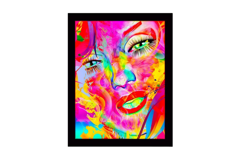 Kehystetty puukangas - 41x56 cm - Värikäs kasvokuva abstrakteilla elementeillä, Vaaleanpunainen / Keltainen / Vihreä