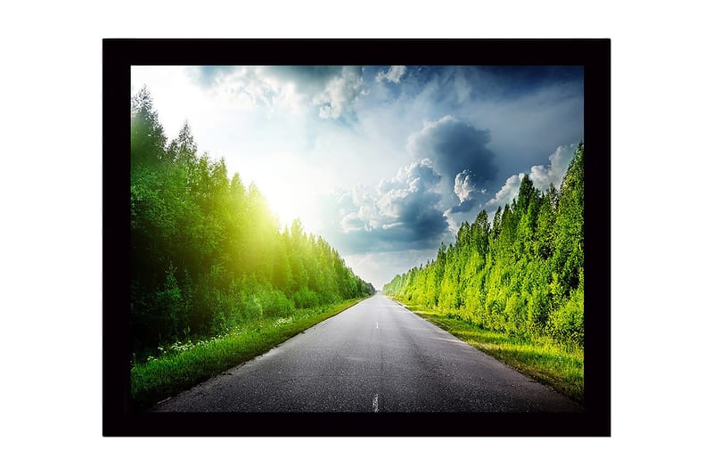 Kehystetty puinen canvas-taulu - 41x56 cm - Kaunis maalaistie, jota ympäröivät rehevät puut ja kirkas taivas, Vihreä / Sininen / Keltainen