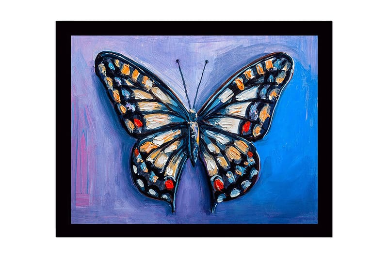 Kehystetty puutaulu canvasille - 41x56 cm - Värikäs perhonen yksityiskohtaisilla siivillä, Sininen / Oranssi / Musta