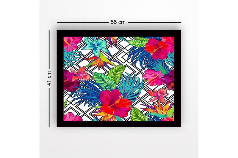 Kehystetty puutaulu canvasille - 41x56 cm - Värikäs trooppinen kukka-asetelma hibiskuksella ja lehdillä - Punainen / Vihreä / Sininen - Sisustustuotteet - Taulu & taide