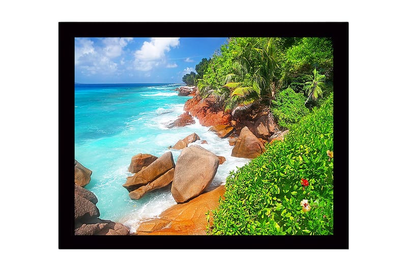 Kehystetty puutaulu canvasille - 41x56 cm - Kaunis ranta kivillä ja turkoosilla vedellä, Turkoosi / Vihreä / Beige