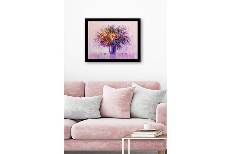 Kehystetty puutaulu canvasille - 41x56 cm - Värikäs kukkakimppu maljakossa - Violetti / Oranssi / Keltainen - Sisustustuotteet - Taulu & taide