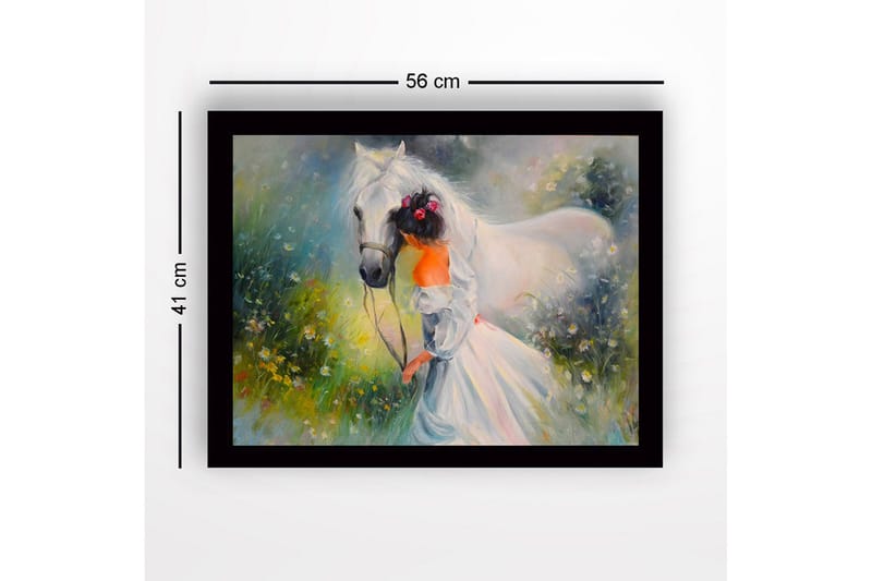 Kehystetty puinen canvas-taulu - 41x56 cm - Tyttö taluttamassa valkoista hevosta kukkivalla niityllä - Valkoinen / Vihreä / Oranssi - Sisustustuotteet - Taulu & taide