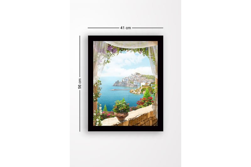 Kehystetty puutaulu canvasille - 41x56 cm - Näkymä rannikkokaupungista kukkien kanssa etualalla - Sininen / Vihreä / Vaaleanpunainen - Sisustustuotteet - Taulu & taide