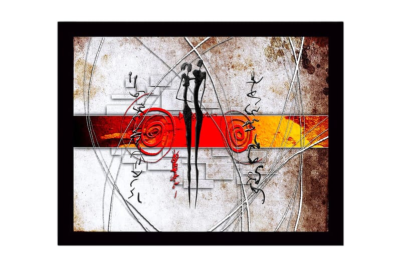 Kehystetty puukangas - 41x56 cm - Abstrakti sommitelma, jossa kaksi tyyliteltyä hahmoa vuorovaikuttavat, Punainen / Musta / Oranssi