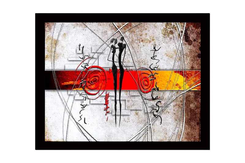 Kehystetty puukangas - 41x56 cm - Abstrakti sommitelma, jossa kaksi tyyliteltyä hahmoa vuorovaikuttavat, Punainen / Musta / Oranssi