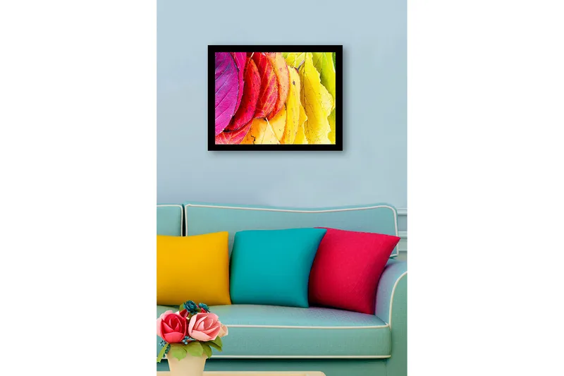 Kehystetty puutaulu canvasille - 41x56 cm - Värikkäät syksyn lehdet eri sävyissä - Vaaleanpunainen / Punainen / Keltainen - Sisustustuotteet - Taulu & taide