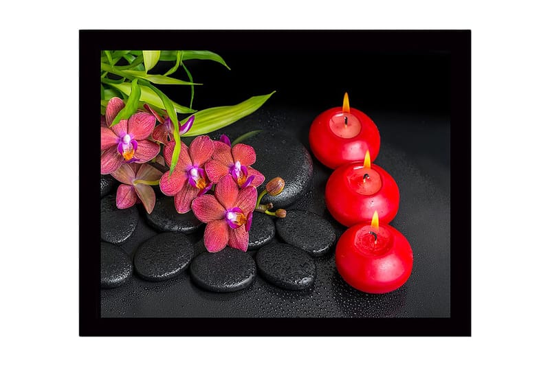 Kehystetty puupohjainen canvas - 41x56 cm - Kaunis kokoelma orkideoita ja kynttilöitä mustilla kivillä, Punainen / Musta / Vihreä