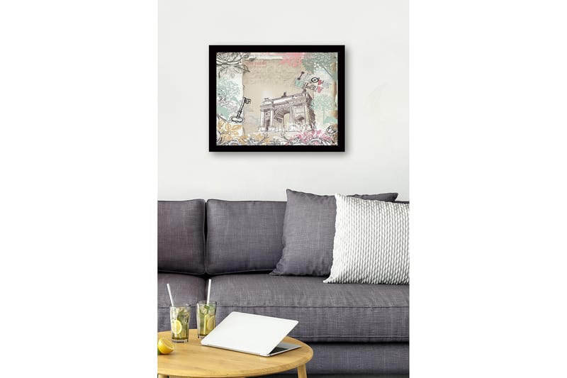 Kehystetty puutaulu canvasille - 41x56 cm - Arkkitehtoninen aihe riemukaaresta kukka-asetelmilla ja tekstillä I love Milan - Pastellinvihreä / Vaaleanpunainen / Beige - Sisustustuotteet - Taulu & taide
