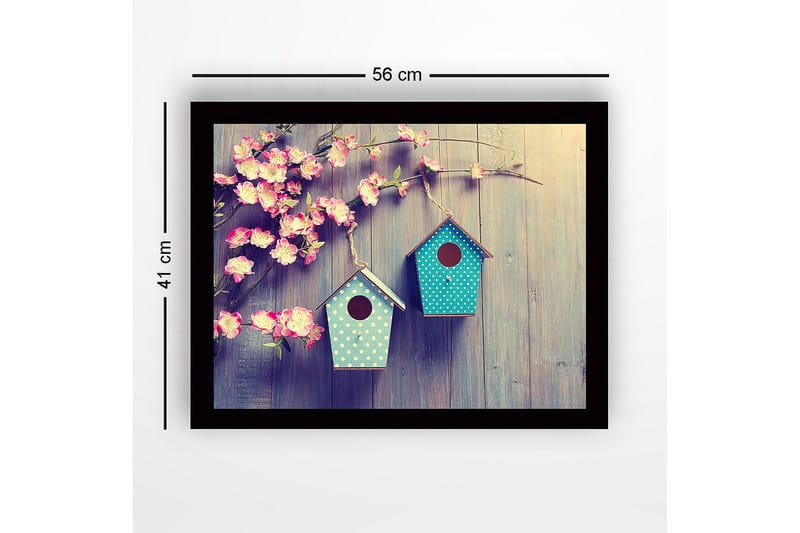 Kehystetty puutaulu canvasille - 41x56 cm - Värikkäät linnunpöntöt kukkien keskellä - Vaaleanpunainen / Turkoosi - Sisustustuotteet - Taulu & taide