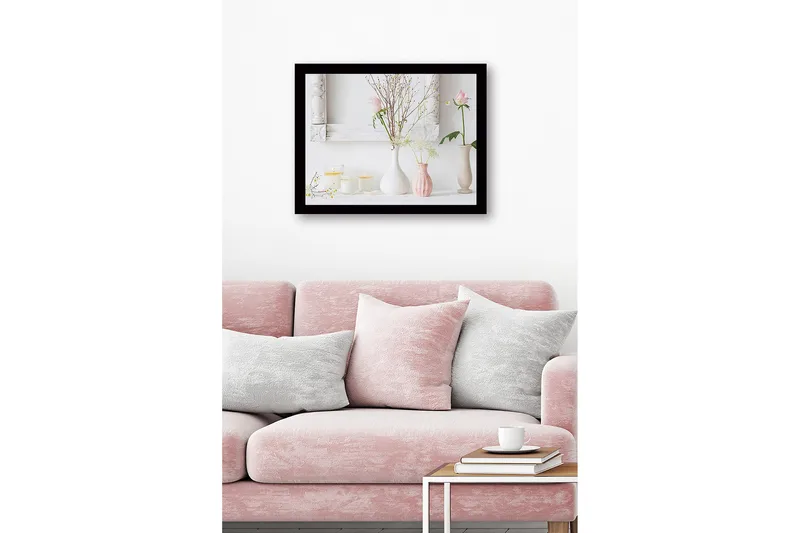 Kehystetty puupohjainen canvas - 41x56 cm - Kauniita maljakoita kukilla ja valoasetelmilla - Valkoinen / Vaaleanpunainen / Beige - Sisustustuotteet - Taulu & taide