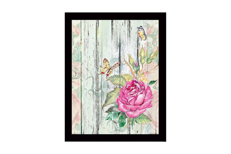 Kehystetty puutaulu canvasille - 41x56 cm - Vaaleanpunainen kukka perhosilla puisella pohjalla, Vaaleanpunainen / Vihreä / Beige