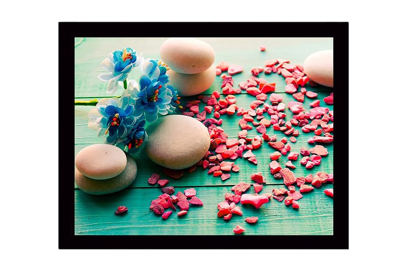 Kehystetty puukangas - 41x56 cm - Kiviasetelma sinisillä kukilla ja vaaleanpunaisilla kivillä, Sininen / Vaaleanpunainen / Harmaa