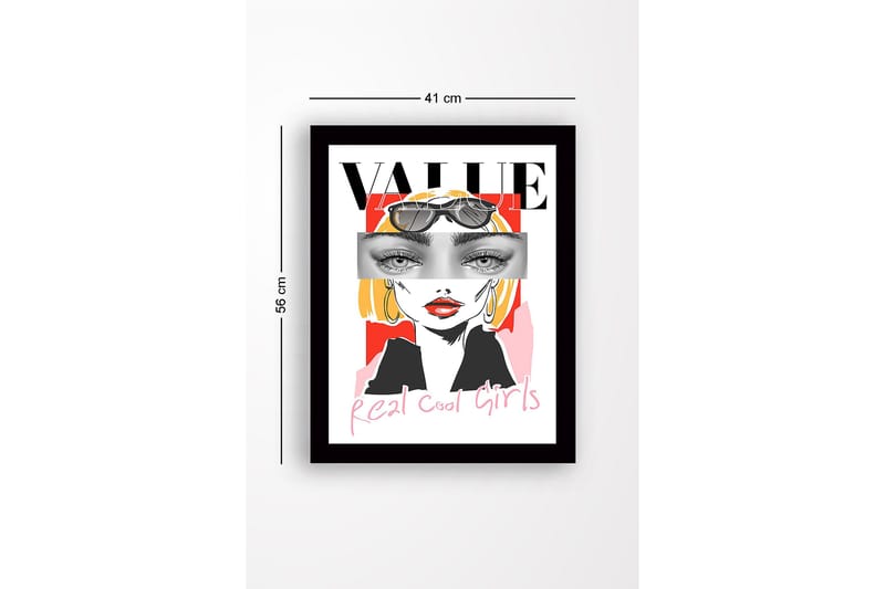 Kehystetty puutaulu canvasille - 41x56 cm - Tyylitelty muotokuva naisesta aurinkolaseissa ja värikkäässä taustalla - Punainen / Musta / Keltainen - Sisustustuotteet - Taulu & taide