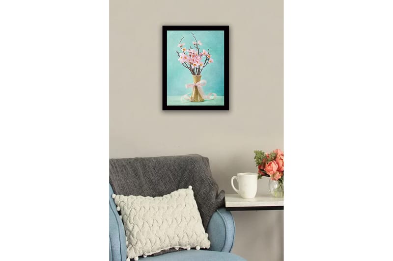Kehystetty puutaulu canvasille - 41x56 cm - Kaunis vaaleanpunaisten kukkien kimppu keraamisessa maljakossa - Vaaleanpunainen / Vihreä / Turkoosi - Sisustustuotteet - Taulu & taide