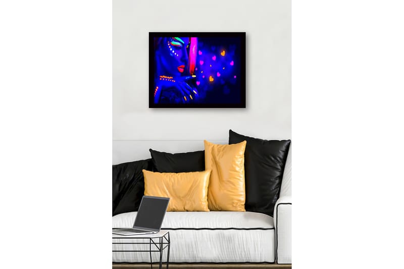 Kehystetty puucanvas - 41x56 cm - Neonvärinen muotokuva naisesta, jolla on voimakkaita kasvomaalauksia - Sininen / Neonoranssi / Vaaleanpunainen - Sisustustuotteet - Taulu & taide