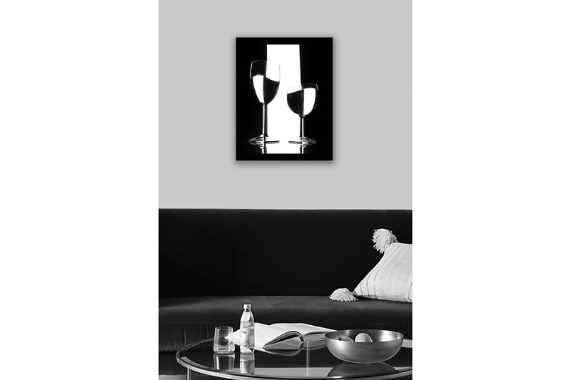 Kehystetty puutaulu canvasille - 41x56 cm - Kahden viinilasin siluetti heijastuksilla minimalistisessa sommitelmassa - Musta / Valkoinen / Läpinäkyvä - Sisustustuotteet - Taulu & taide