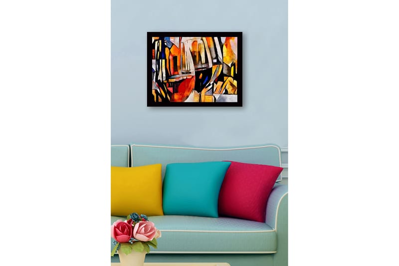 Kehystetty puukangas - 41x56 cm - Abstrakti sommitelma geometrisilla muodoilla ja värillisillä pinnoilla - Oranssi / Musta / Harmaa - Sisustustuotteet - Taulu & taide