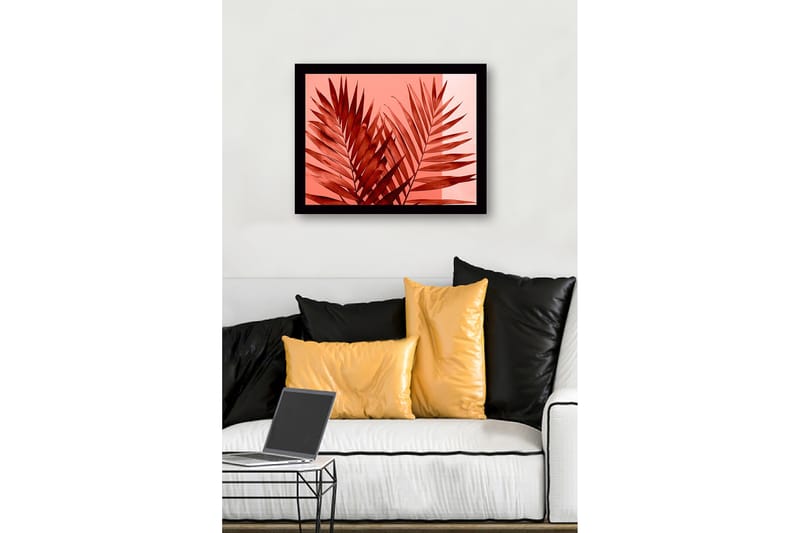 Kehystetty puutaulu canvasille - 41x56 cm - Suuret, tyylitellyt palmunlehdet punaisessa sävyssä - Punainen / Vaaleanpunainen - Sisustustuotteet - Taulu & taide