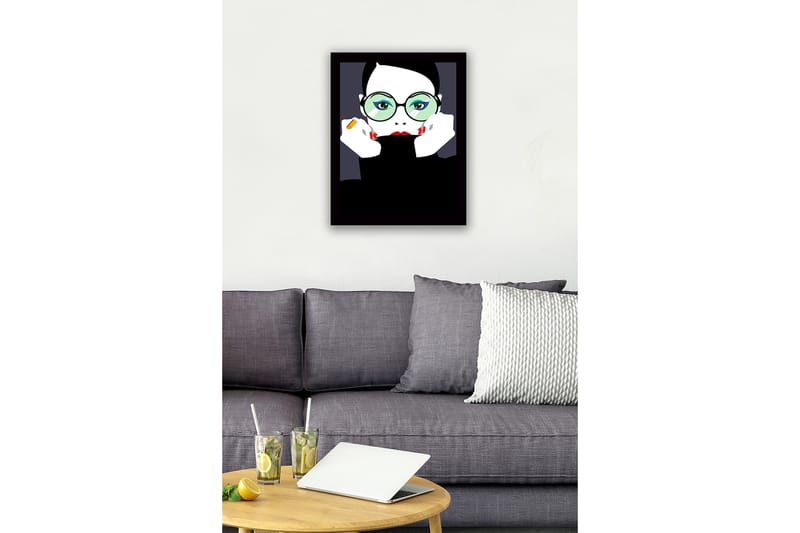 Kehystetty puinen canvas-taulu - 41x56 cm - Muotokuva naisesta, jolla on suuret silmälasit ja punainen huulipuna - Musta / Valkoinen / Vihreä - Sisustustuotteet - Taulu & taide