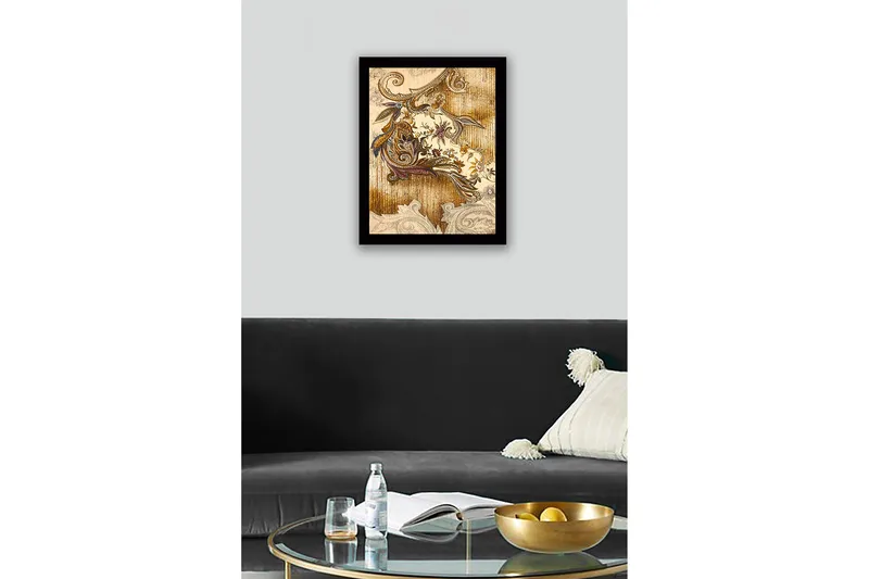Kehystetty puutaulu canvasille - 41x56 cm - Koristeellinen kuvio kukilla ja lehdillä - Kulta / Ruskea / Violetti - Sisustustuotteet - Taulu & taide