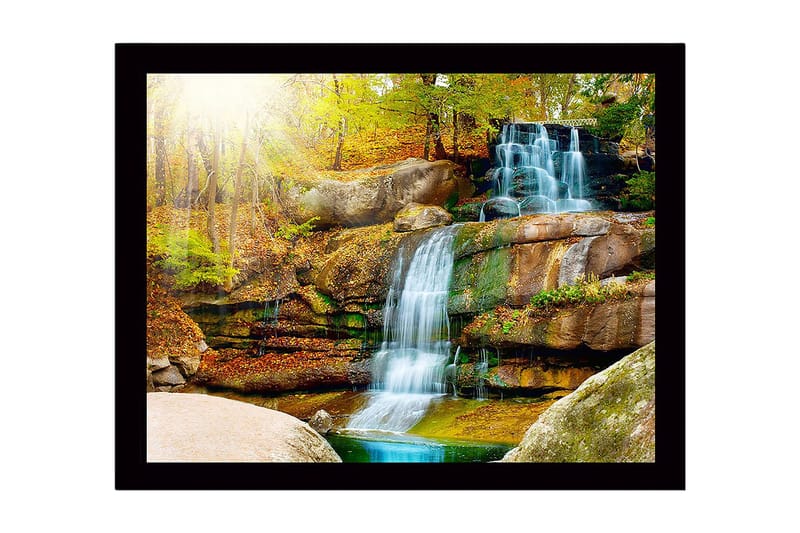Kehystetty puutaulu canvasille - 41x56 cm - Kaunis vesiputous syksyisessä metsäympäristössä, Vihreä / Oranssi / Sininen