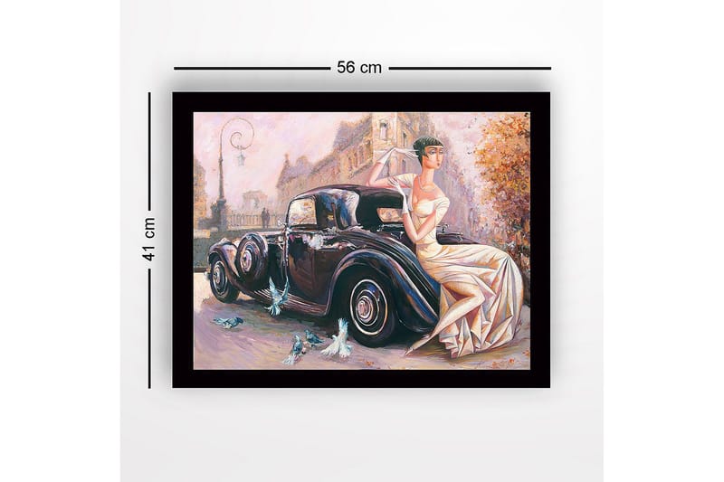 Kehystetty puutaulu canvasille - 41x56 cm - Elegantti nainen valkoisessa mekossa istumassa klassikkoautossa - Musta / Beige / Vaaleanpunainen - Sisustustuotteet - Taulu & taide