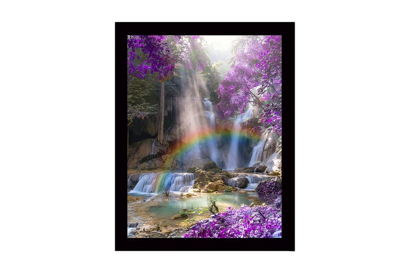 Kehystetty puutaulu canvasille - 41x56 cm - Kaunis vesiputous sateenkaarella, jota ympäröivät violetit kukat ja rehevät puut, Violetti / Vihreä / Sininen