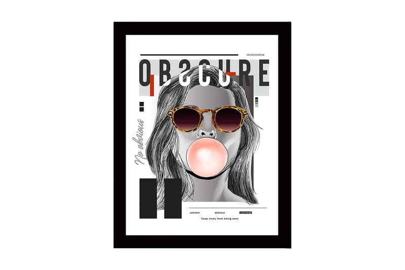 Kehystetty puinen canvas-taulu - 41x56 cm - Muotokuva naisesta aurinkolaseissa puhaltamassa purukumia, Harmaa / Musta / Beige