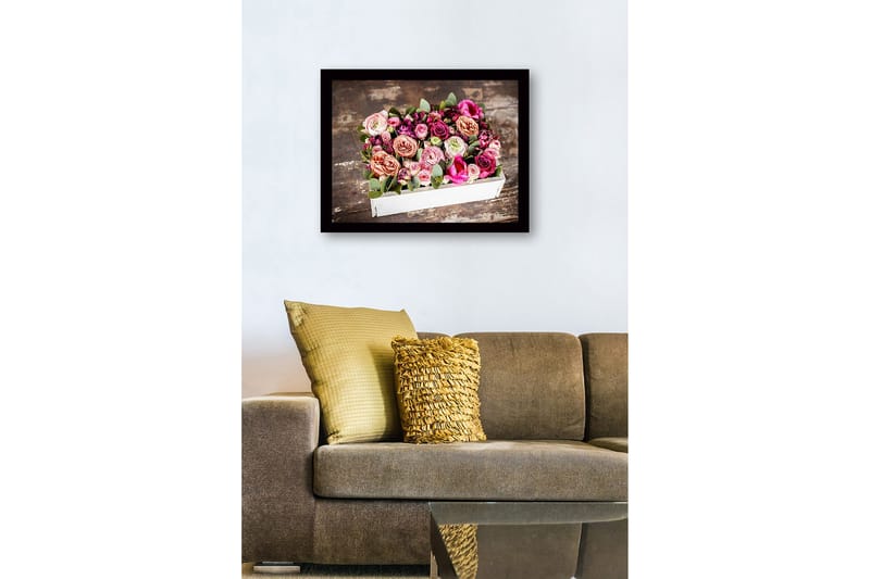 Kehystetty puupohjainen canvas - 41x56 cm - Värikäs ruusukimppu ja vihreät lehdet - Vaaleanpunainen / Violetti / Vihreä - Sisustustuotteet - Taulu & taide