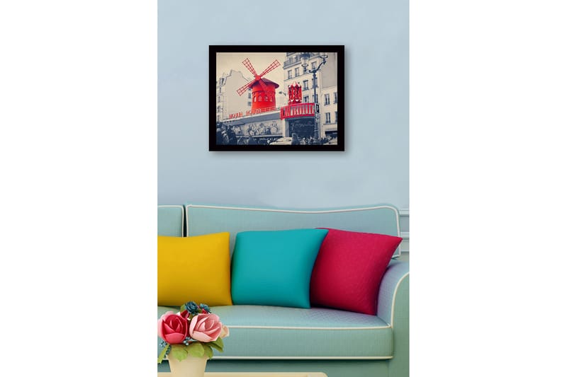 Kehystetty puutaulu canvasille - 41x56 cm - Punainen tuulimylly neonvaloilla Moulin Rouge -teatterissa - Punainen / Musta / Harmaa - Sisustustuotteet - Taulu & taide