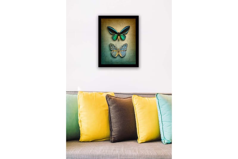 Kehystetty puinen canvas-taulu - 41x56 cm - Värikkäitä perhosia teksturoidulla taustalla - Vihreä / Sininen / Beige - Sisustustuotteet - Taulu & taide