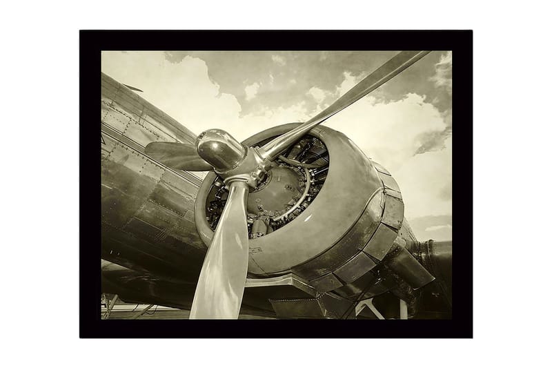Kehystetty puutaulu canvasille - 41x56 cm - Yksityiskohtainen lähikuva lentokoneen potkurista ja moottorista, Harmaa / Musta / Hopea