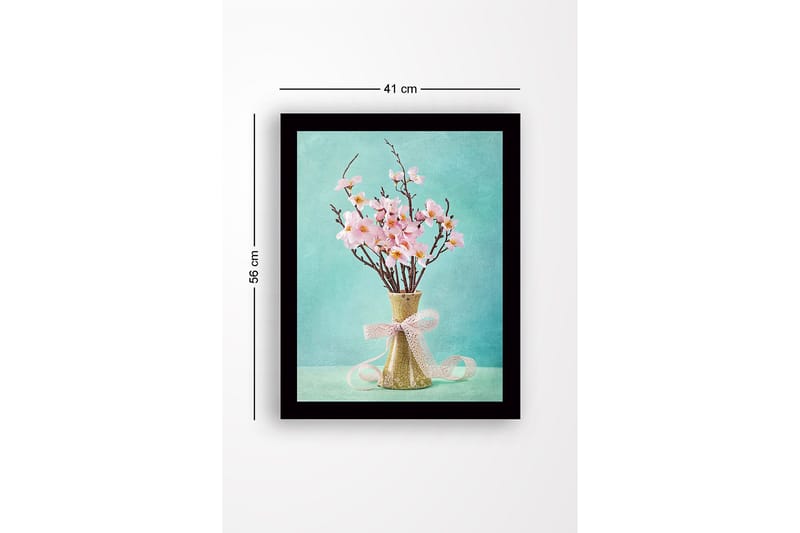 Kehystetty puutaulu canvasille - 41x56 cm - Kaunis vaaleanpunaisten kukkien kimppu keraamisessa maljakossa - Vaaleanpunainen / Vihreä / Turkoosi - Sisustustuotteet - Taulu & taide