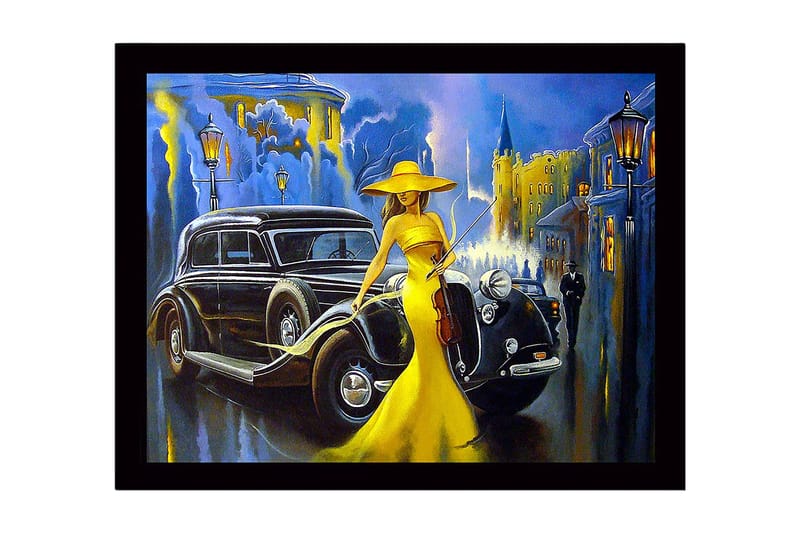 Kehystetty puutaulu - 41x56 cm - Elegantti nainen keltaisessa mekossa viulun kanssa klassisen auton edessä kaupunkiympäristössä, Keltainen / Musta / Sininen