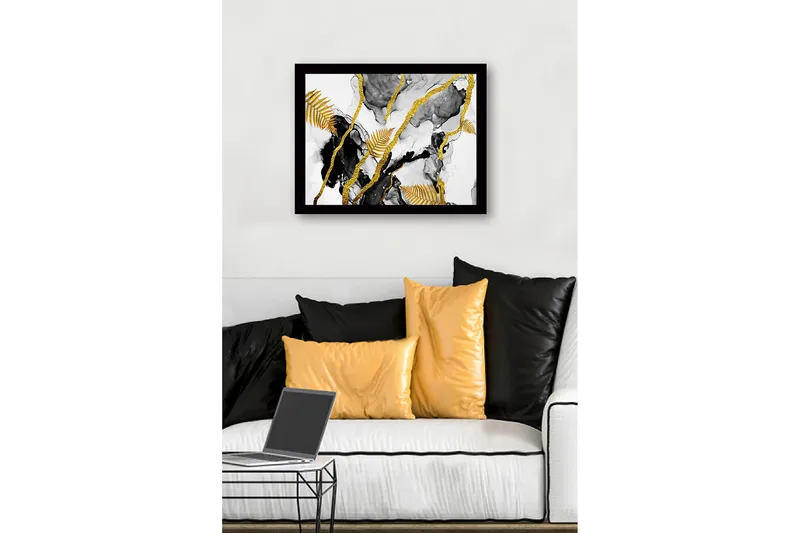 Kehystetty puukangas - 41x56 cm - Abstrakti sommitelma kultaisilla saniaisilla ja mustilla elementeillä - Kulta / Musta / Harmaa - Sisustustuotteet - Taulu & taide