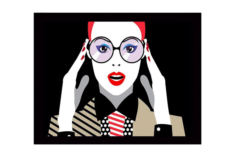 Kehystetty puinen canvas-taulu - 41x56 cm - Muotokuva naisesta, jolla on suuret silmälasit ja punainen huulipuna, Punainen / Musta / Valkoinen