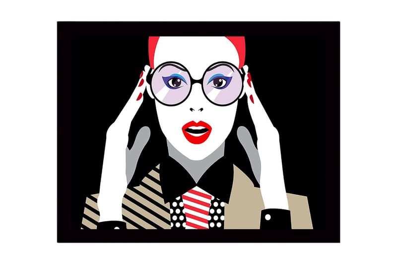 Kehystetty puinen canvas-taulu - 41x56 cm - Muotokuva naisesta, jolla on suuret silmälasit ja punainen huulipuna - Punainen / Musta / Valkoinen - Sisustustuotteet - Taulu & taide