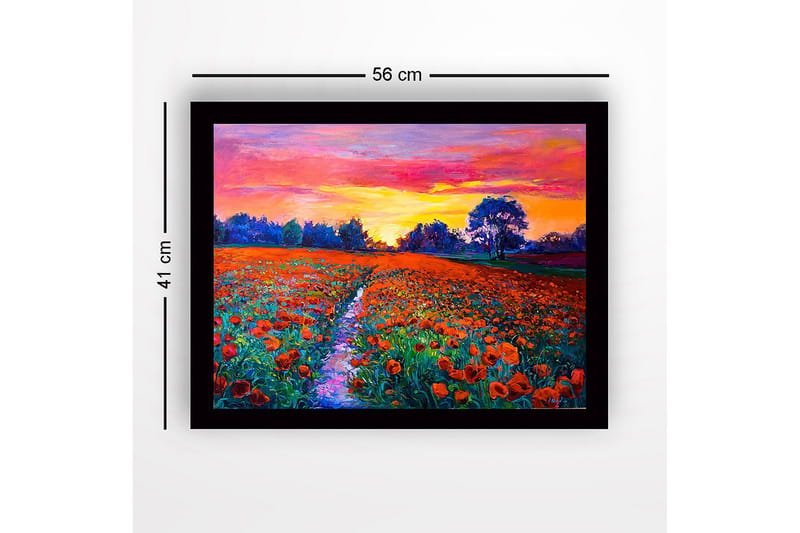 Kehystetty puutaulu canvasille - 41x56 cm - Värikäs unikkoniitty auringonlaskun aikaan - Oranssi / Vihre ä / Violetti - Sisustustuotteet - Taulu & taide