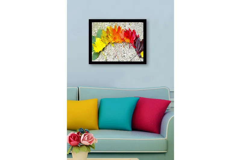 Kehystetty puutaulu canvasille - 41x56 cm - Värikäs rivi syksyn lehtiä eri sävyissä - Keltainen / Oranssi / Punainen - Sisustustuotteet - Taulu & taide