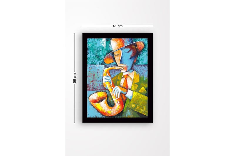 Kehystetty puutaulu canvasille - 41x56 cm - Muusikko soittaa saksofonia värikkäällä ja ilmeikkäällä tyylillä - Keltainen / Vihreä / Sininen - Sisustustuotteet - Taulu & taide