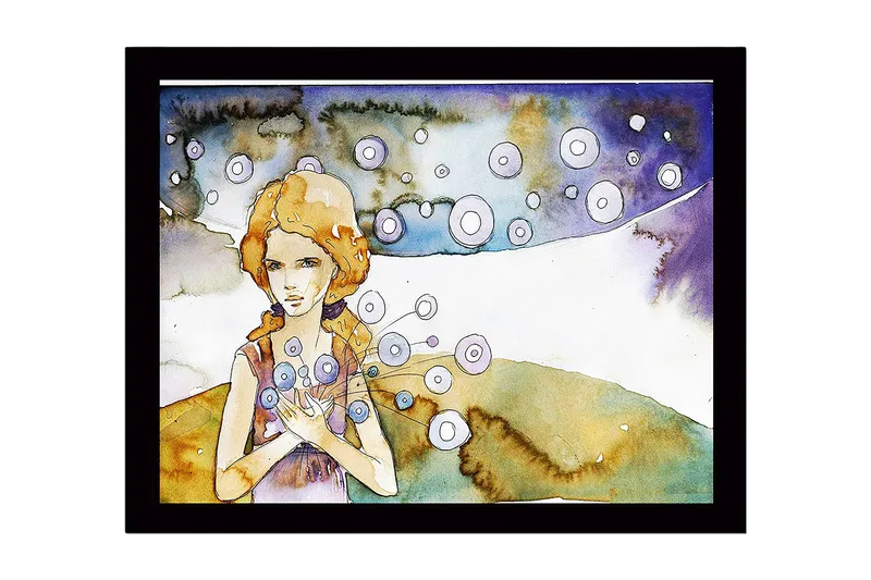 Kehystetty puutaulu canvasille - 41x56 cm - Nuori nainen kukkia käsissään ja ympärillään leijuvia ympyröitä, Vaaleansininen / Beige / Violetti