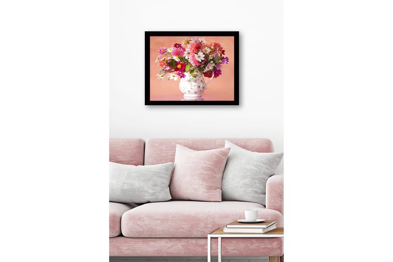 Kehystetty puutaulu canvasille - 41x56 cm - Värikäs kukkakimppu posliinikannussa - Vaaleanpunainen / Valkoinen / Vihreä - Sisustustuotteet - Taulu & taide