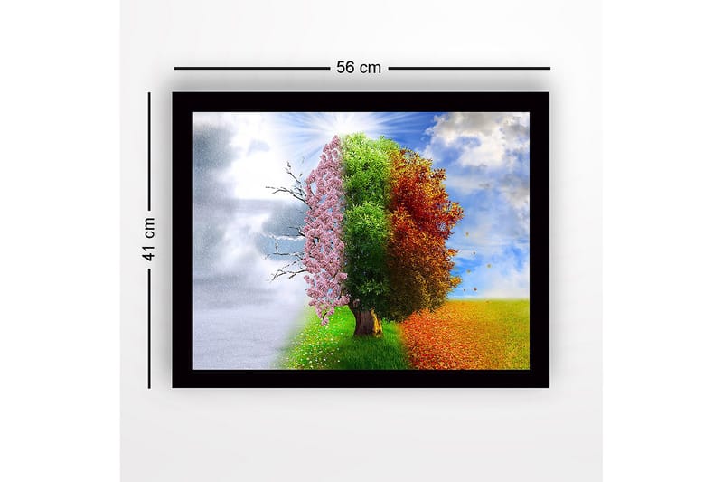 Kehystetty puinen canvas-taulu - 41x56 cm - Puut edustavat neljää vuodenaikaa harmonisessa sommitelmassa - Vaaleanpunainen / Vihreä / Oranssi - Sisustustuotteet - Taulu & taide